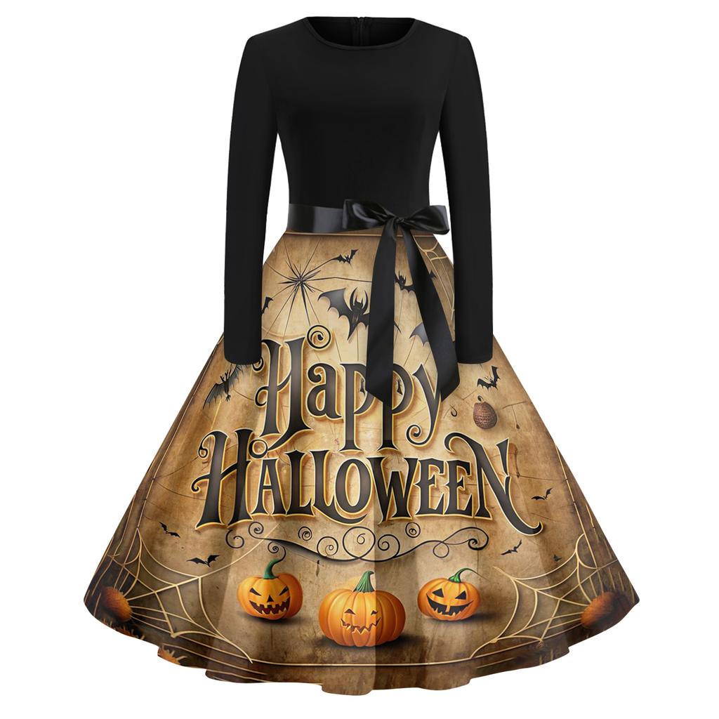 Women's Casual Fashion Round Neck Halloween Printed Vintage Dress