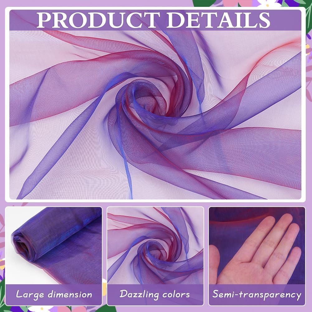 BENECREAT 3.28 Yards Two Tone Organza Fabric, 59.8 Inch Lightweight Sheer Iridescent Royal Blue with Red Holographic Gauze Voile Fabric for Wedding