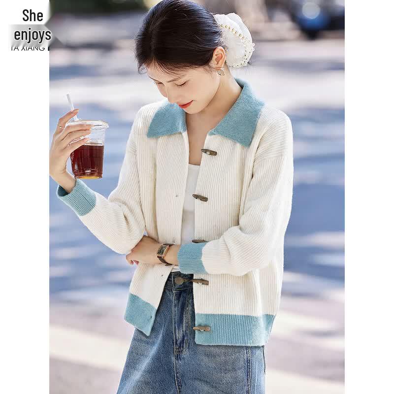 Women s Casual Color-Block Lapel Knitted Cardigan M