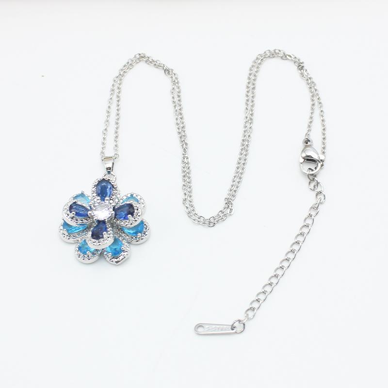 Edelstahlkette 3D Doppellagig Blaue Zirkonia Blume Anhänger Halsketten Ohrringe Zirkon Set für Damen Schlüsselbein Halsband Geschenk