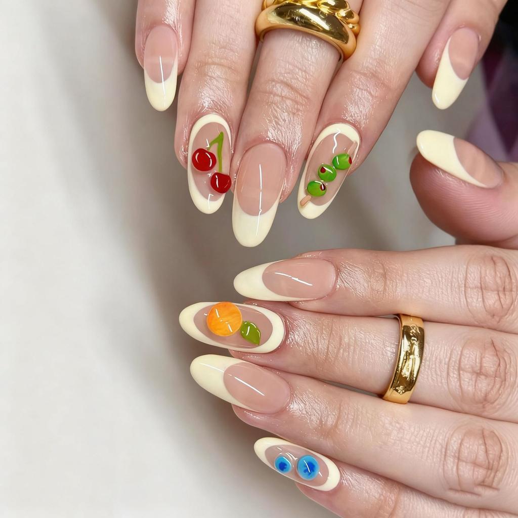 24PCS Fresh Fruit White French False Nails 3D Blueberry Lemon Simple Almond Press on Nails Full Cover Fashionable Ins Nail Tips