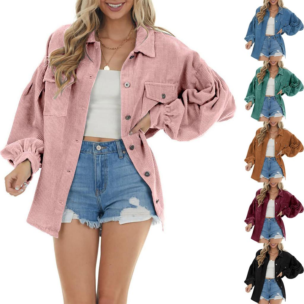 Dámská módní jednobarevná bunda Manšestrová dvojitá kapsa košile s klopou