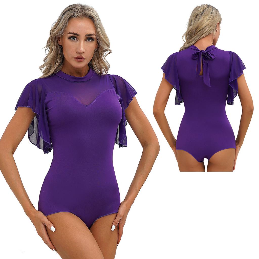 Damen Mädchen Gymnastikanzug mit Rüschen, Netzstoff, Schlüsselloch, Druckknopf, Bodysuit, Oberteile, Ballett, Tanzbekleidung, Tanztrainingskleidung