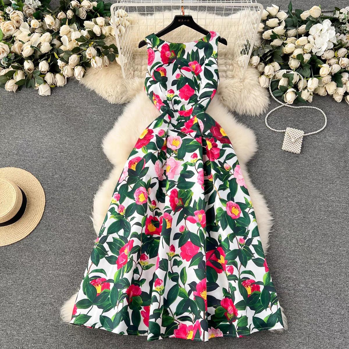 

Женское платье-майка с цветочным принтом, элегантное модное летнее платье трапециевидной формы с круглым вырезом без рукавов и высокой талией, вечернее платье-майка для взлетно-посадочной полосы XXL