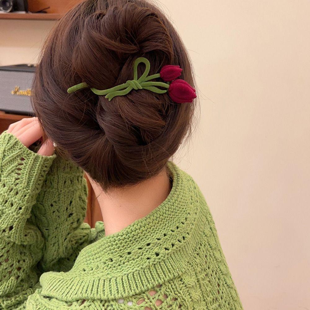 Pearl Korean Style Headwear Red Velvet Hair Claw Flocking Tulip Hair Clip Female Hair Accessories