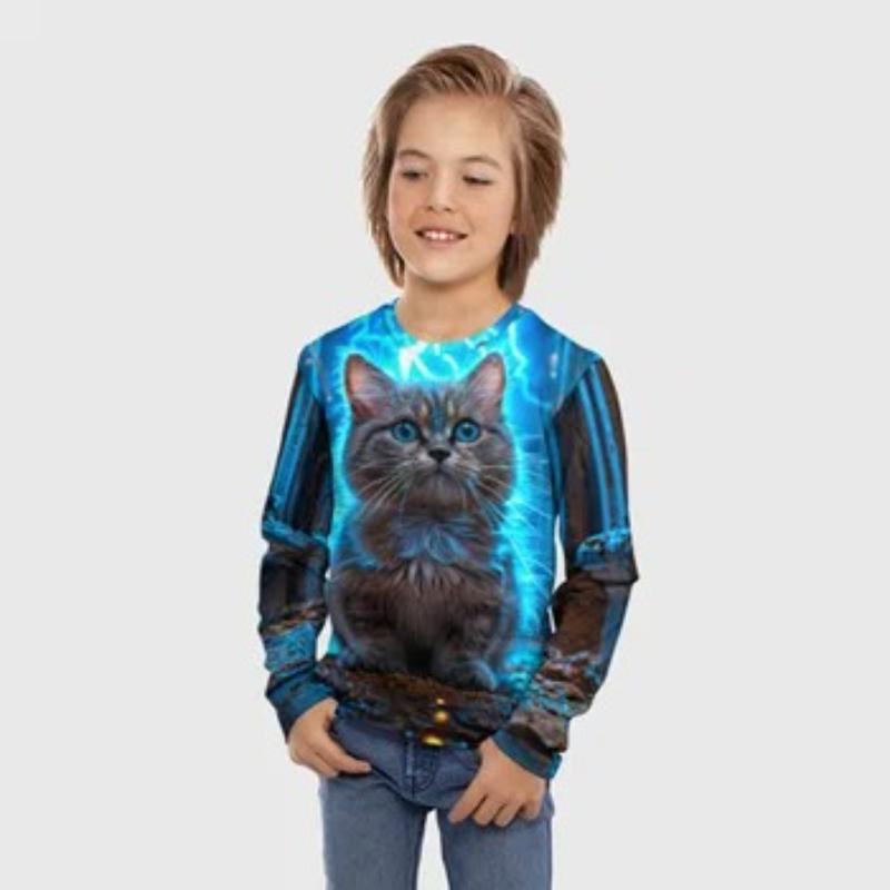 Children's Tie Dye Cartoon Kitten Print T-shirt Boys Cute Long Sleeved Soft Comfortable Top