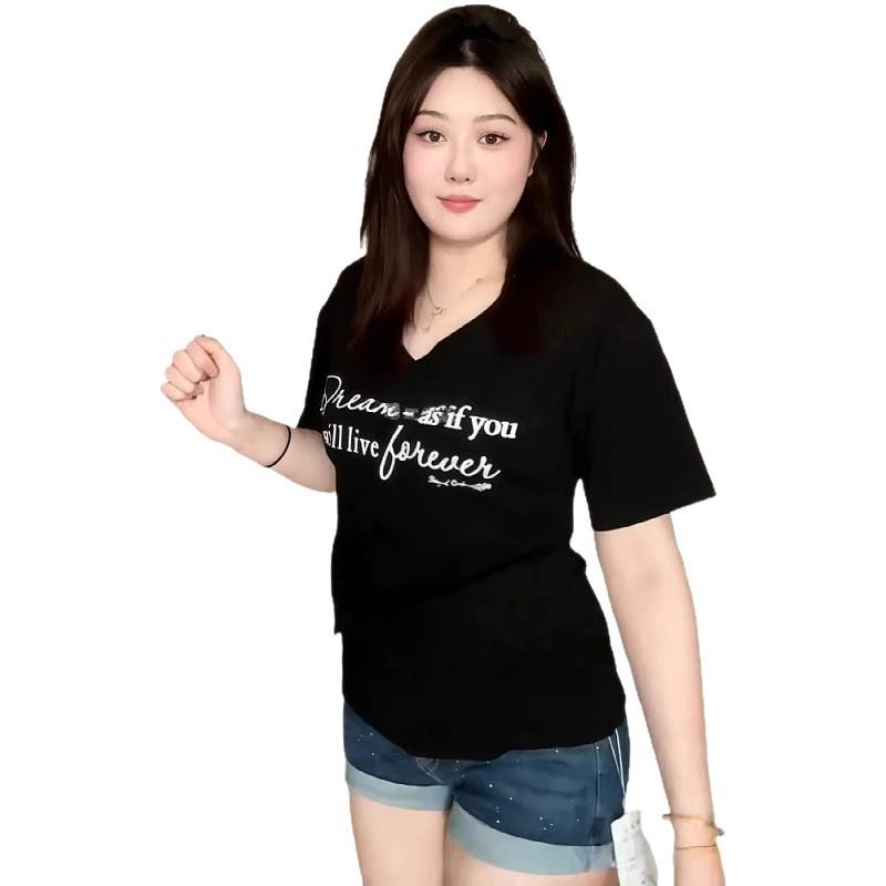 Large size fat mm Korean Spice Girl style V-neck short-sleeved T-shirt women's summer design feeling waist elastic bottoming shirt top tide