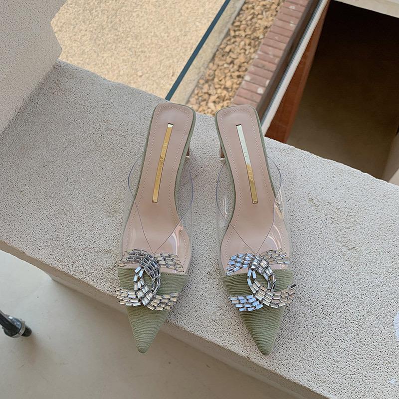 

Крутые шлепанцы на толстом каблуке женские 2025 весна и лето новые французские остроносые сандалии с прозрачными стразами и пряжкой летняя женская обувь 39