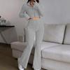 Autumn/Winter Solid Ribbed Two-Piece Set: Zipper Cardigan & High-Waisted Flared Pants for Women
