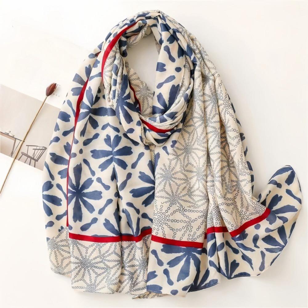 

Long Spring Silk Scarf Breathable Big Pattern Headscarf Sweet Square Hijab Scarf Gift синий