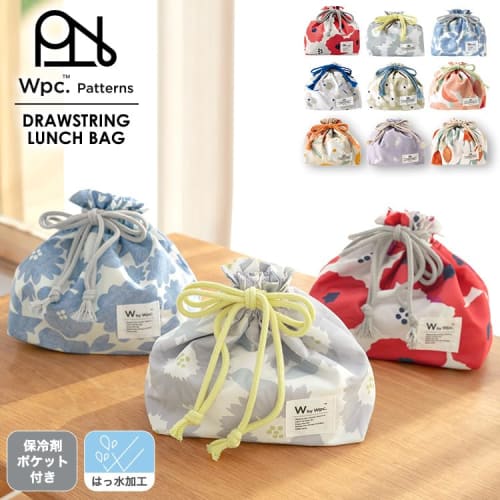 Wpc. Patterns Lunch Drawstring Bag, Flower and Bird Design, Blue, Water-Repellent, Women's Lunch Bag, Water-Repellent, Easy-to-Insulate Fabric, Ice Pa