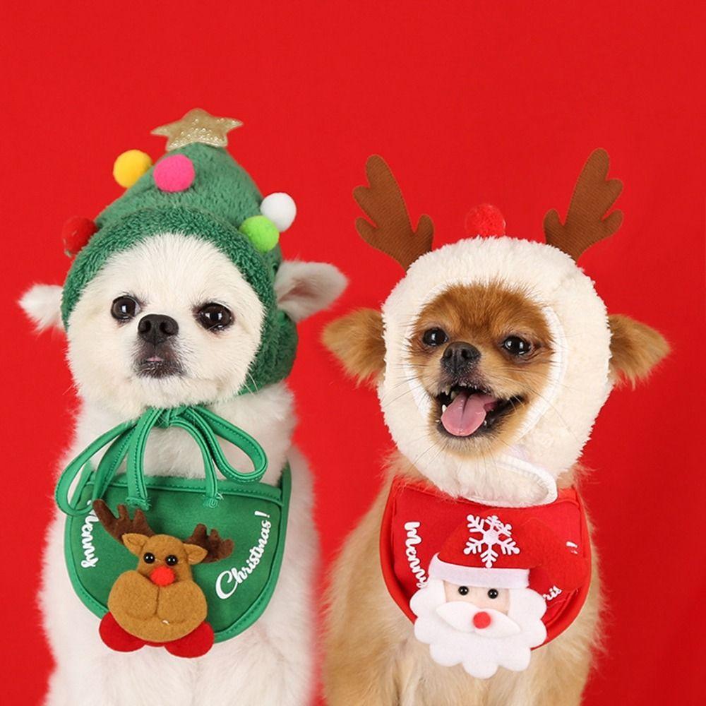 2PCS Cotton Plush Christmas Pet Hat Winter Pet Costume New Pet Bandana  Dog