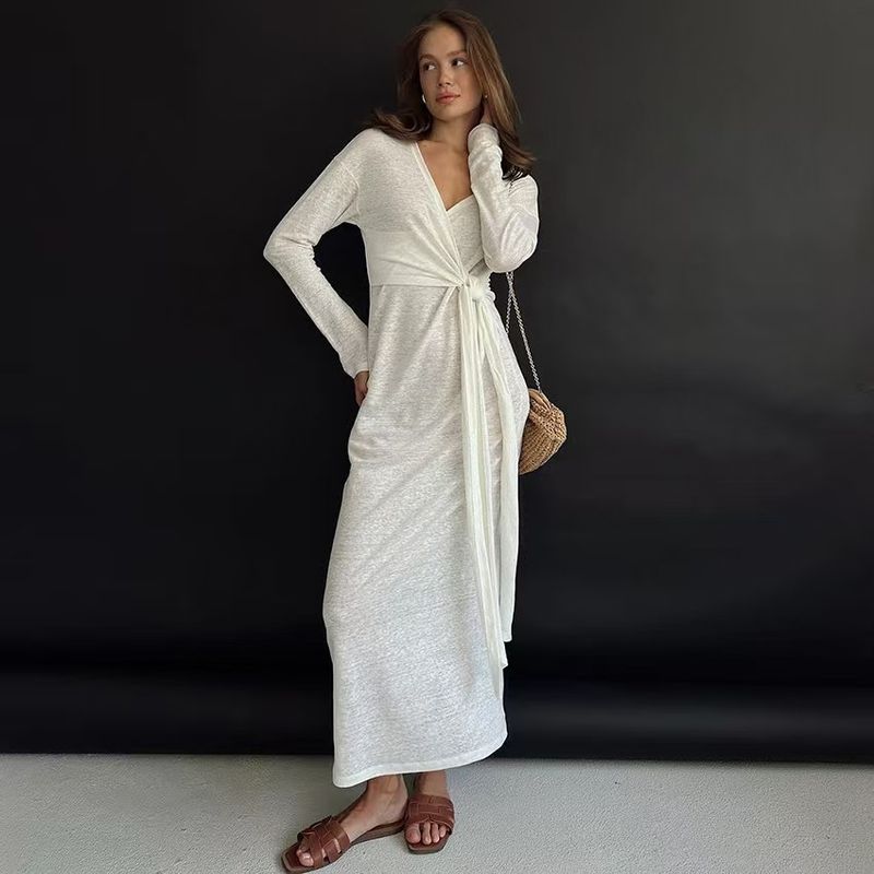 Fashion Wind New Arrival Fashion Silm Lace-up Long Sleeve V Neck Dress Sexy Long Sleeved Dress