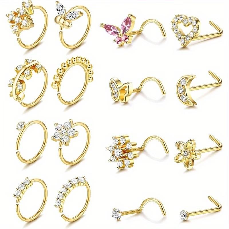 Multicolor Nose Ring Set Diamond Multi-Shape Flower Butterfly Love Moon Puncture Jewelry 316 Stainless Steel Trendy Unisex