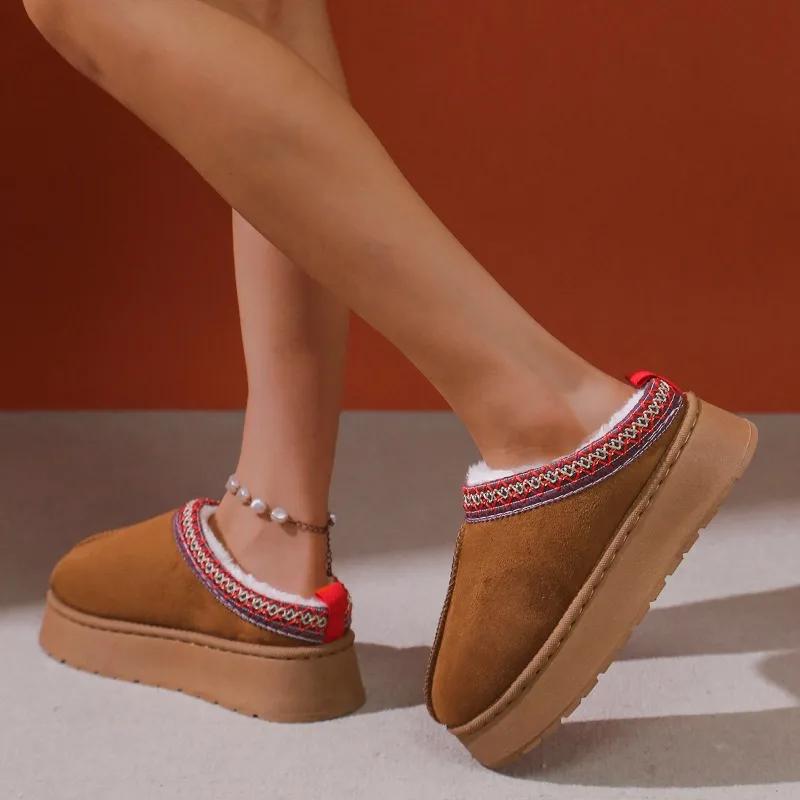 Nye varme pels ankelstøvletter Dame Flats Plattform Tøfler Plysj Flip Flops Vinter bomullssko for kvinner Merkedesign Snow Botas