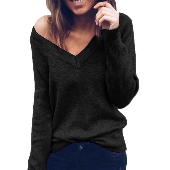 Winter Chic Lady Solid Color V Neck Long Sleeve Casual Pullover Knitted Blouse