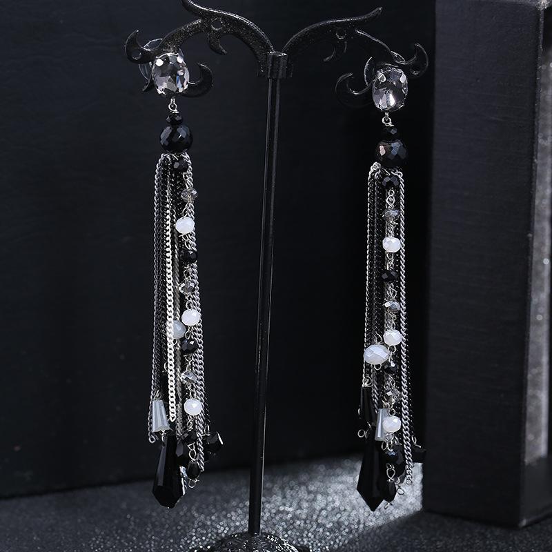 Retro trendy bohemian crystal fringed earrings 925 silver stud earrings temperament long women's personalized earrings