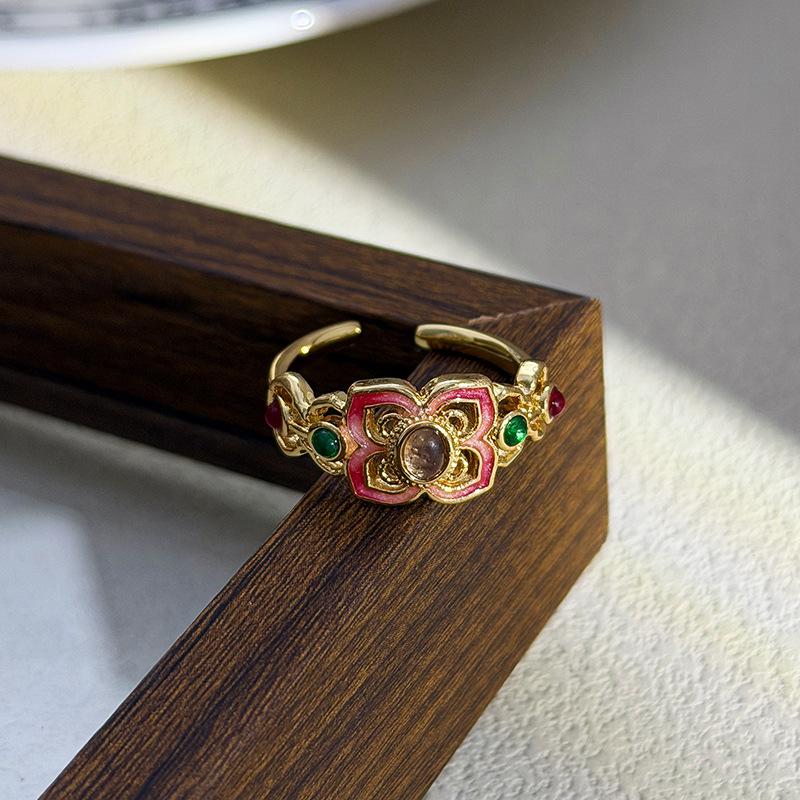 National Tide Style Retro Enamel Color Open Ring Medieval Vintage Flower Niche High-End Ring