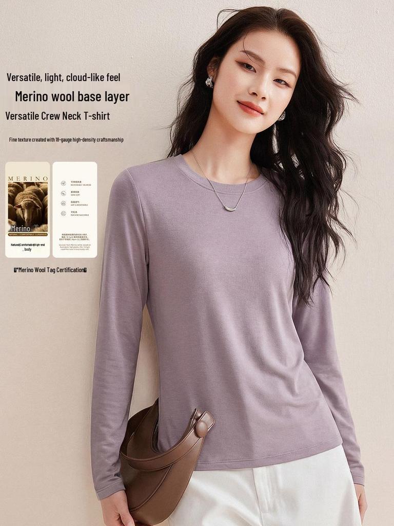 Women's Spring 2026 Round Neck Base Layer Shirt - White, Wool Blend, Skin-Friendly, Long Sleeve Warm Top