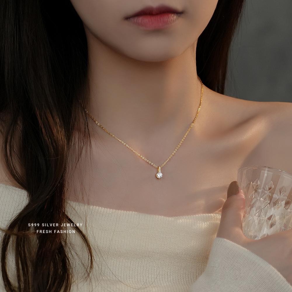 Real 999 Sterling Silver Necklace Korean Shiny Zircon Geometric Pendant for Women Wedding Party Fine S925 Jewelry