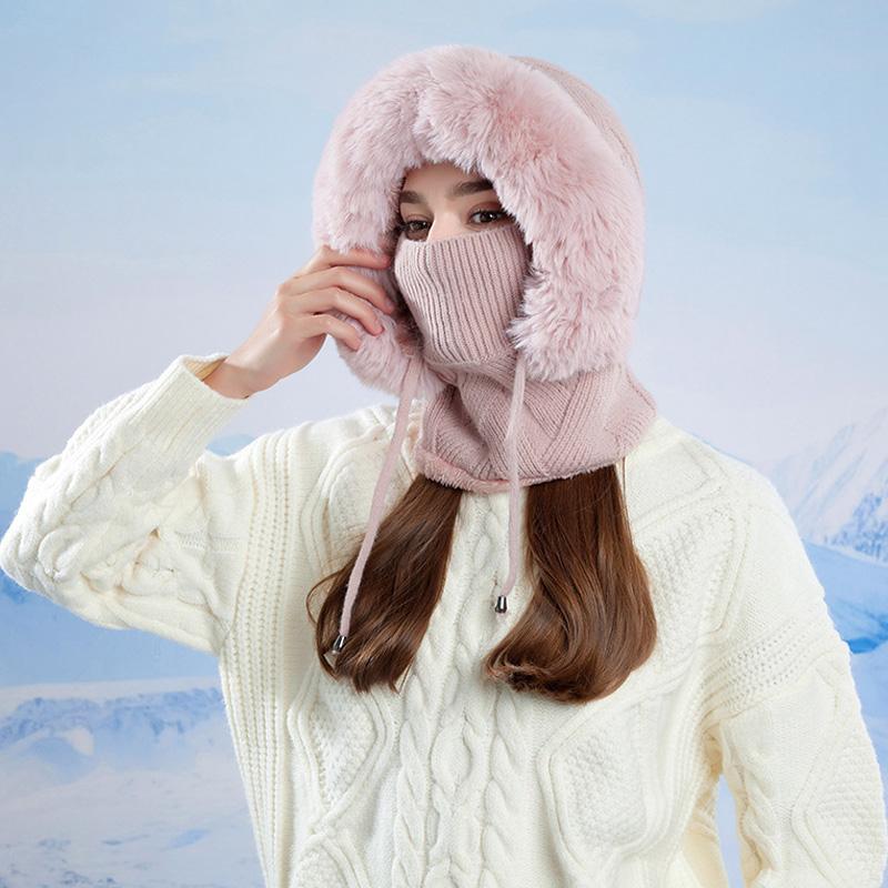 Winter Warm Mask Scarf Integrated Cap Outdoor Windproof Knitted Cap Women's Ear Protection Wool Cap