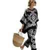 26 Summer Crew Neck Bat Sleeve Printed Two-piece Set Women's Loose Casual Top High Waist Wide Leg Pants Vacation Style Set
