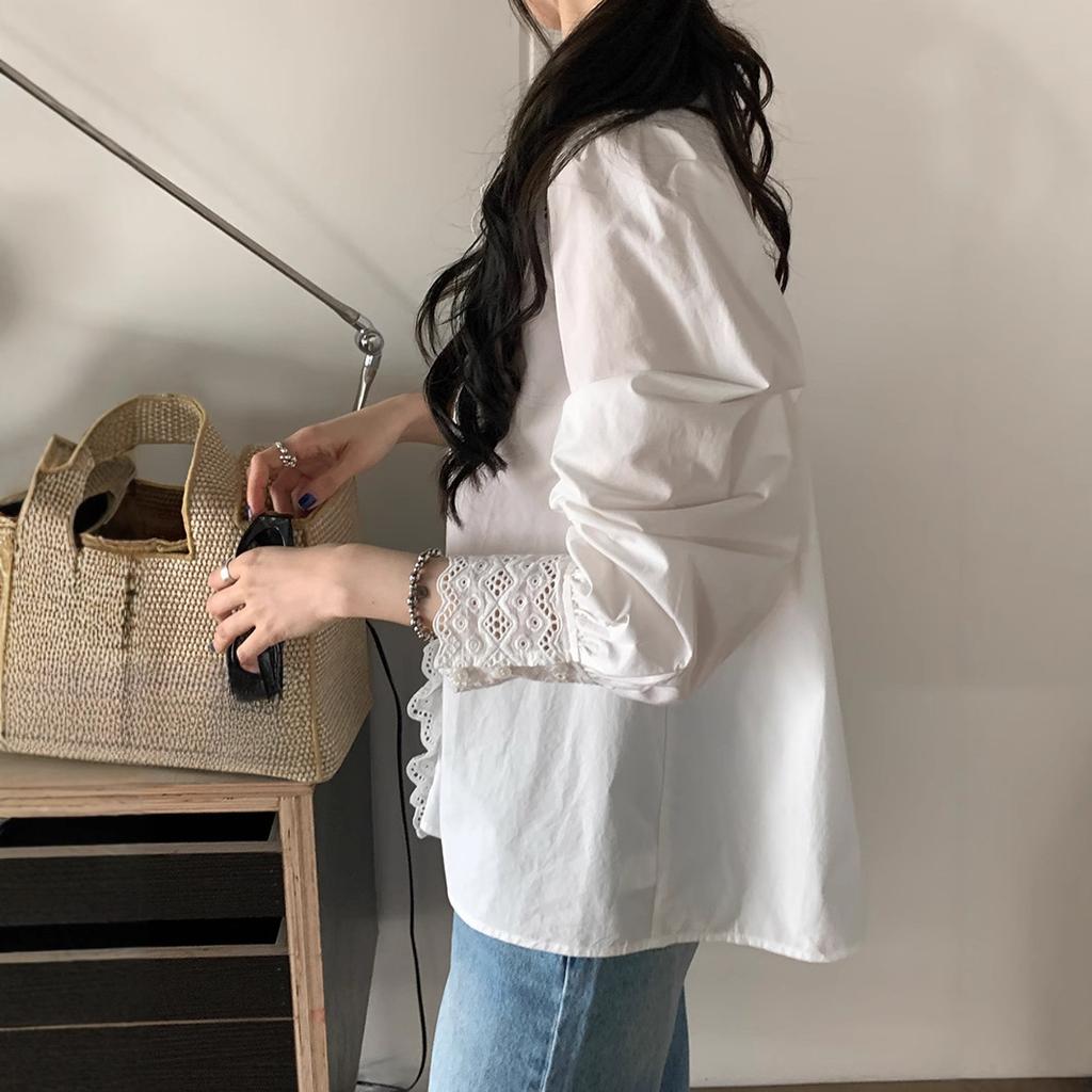 French Fungus Lace V-Neck Long Sleeve Shirt Women