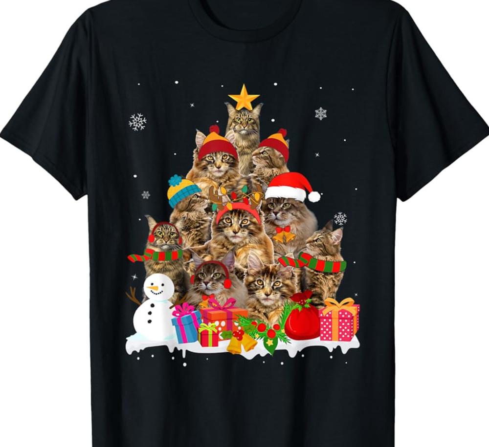 Funny Maine Coon Christmas Tree Cat black T-shirt AP803 Unisex T-Shirt S