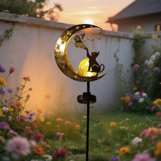 Solar Garden Light, Waterproof Metal Cat Butterfly Moon Pathway Stake Light for Yard, Lawn, Patio, Outside Decor
