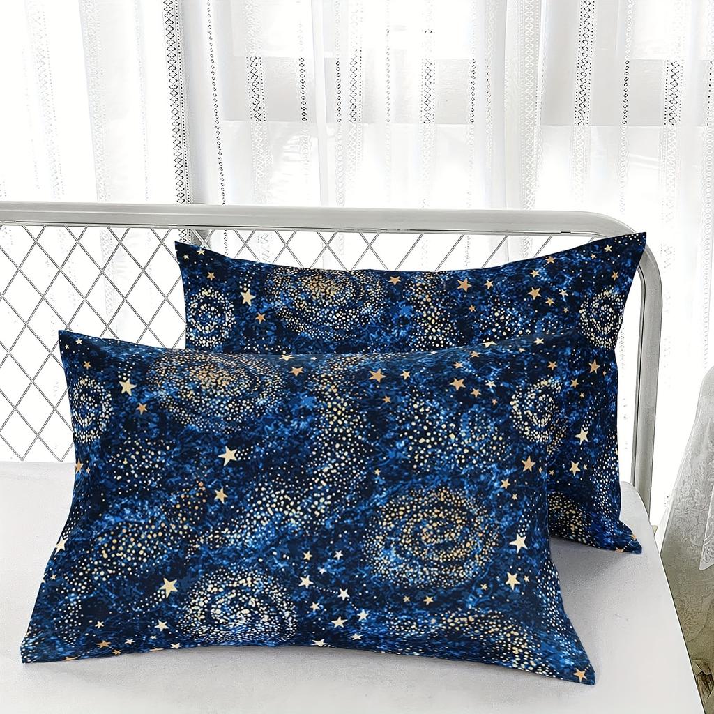 Starry Sky Comforter Set - Soft Blue Interstellar Printed Quilted Bedding with 1 Comforter and 2 Pillow Cases, Golden Stars Patt