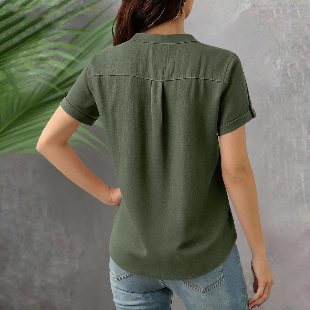 Women's Color Shirt Short Sleeve Button Casual Cotton And Hemp Pocket Top
