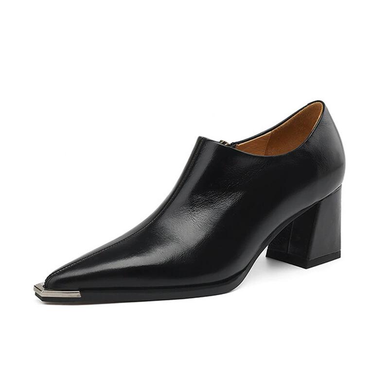 French Temperament All-match Comfortable Side Zipper British Style Retro Leather Shoes Pointed Deep-mouthed Thick-heeled Shoes