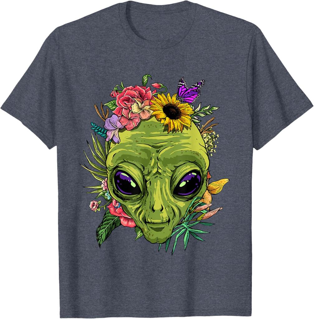 Alien mit Blumen Grafik-T-Shirt Herren Lässig Sommerausflug Rundhals-T-Shirt