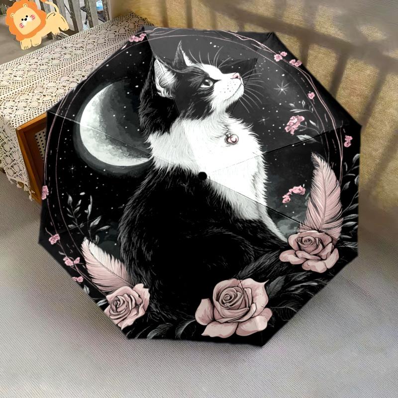 1 PC Automatic Folding Umbrella - Black and White Cat with Moon Pattern, Portable & Foldable Design with 8 Ribs, Christmas Birthday Gifts