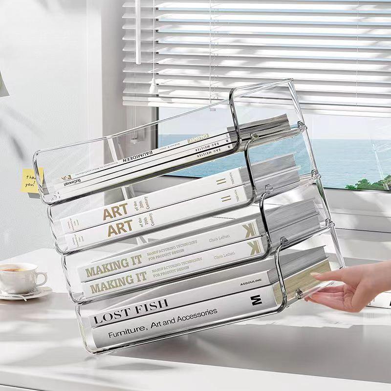 Simple Large Capacity Desktop File Tray Transparent Stackable Paper Holder Shelf A4 Document Paper Organizer Home Office