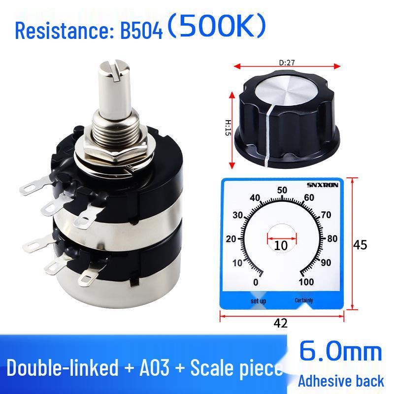 Dual-Gang Carbon Film Potentiometer: RV24YG20S, Variable Frequency Speed Control with B102/202/502 Knob Scale, Available In 5K/20K Ohm.