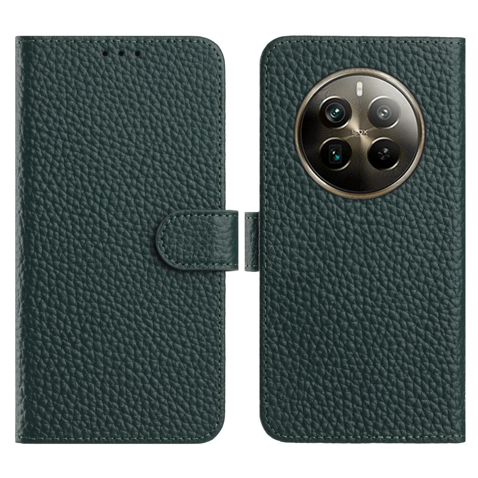 

Flip Phone Case For Realme 12 Pro+ 5G/12 Pro 5G/P1 Pro 5G Wallet Stand Litchi Texture Genuine Cow Leather Cover Green