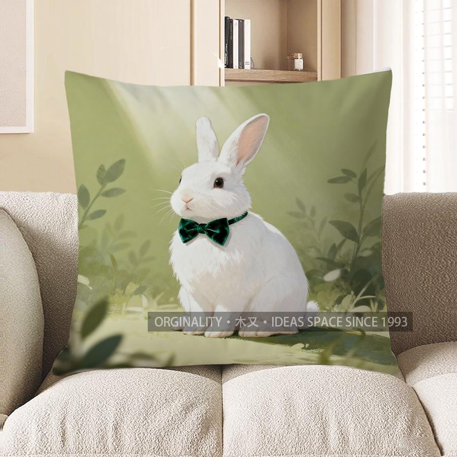 2D Adorable White Rabbit With Green Bow Pillow Cover Pattern Cushion Cover Suitable For Sofa Bedroom Car Pillow Cover 40x40cm 588₽