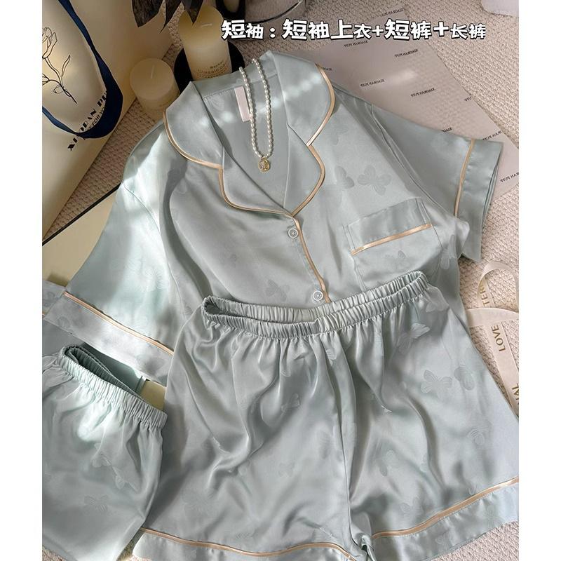 Pajamas Women's Summer Ice Silk Jacquard Pajamas Simple Loose Casual Comfortable Women's Loungewear Suit Premium Sense