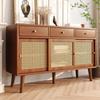 Sideboard, Chest Of Drawers with 3 Drawers and 3 Sliding Doors, Rattan Mesh On The Door Fronts, Legs Made of Solid Wood, Golden Metal Iron Handle,