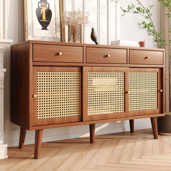 Sideboard, Chest Of Drawers with 3 Drawers and 3 Sliding Doors, Rattan Mesh On The Door Fronts, Legs Made of Solid Wood, Golden Metal Iron Handle,