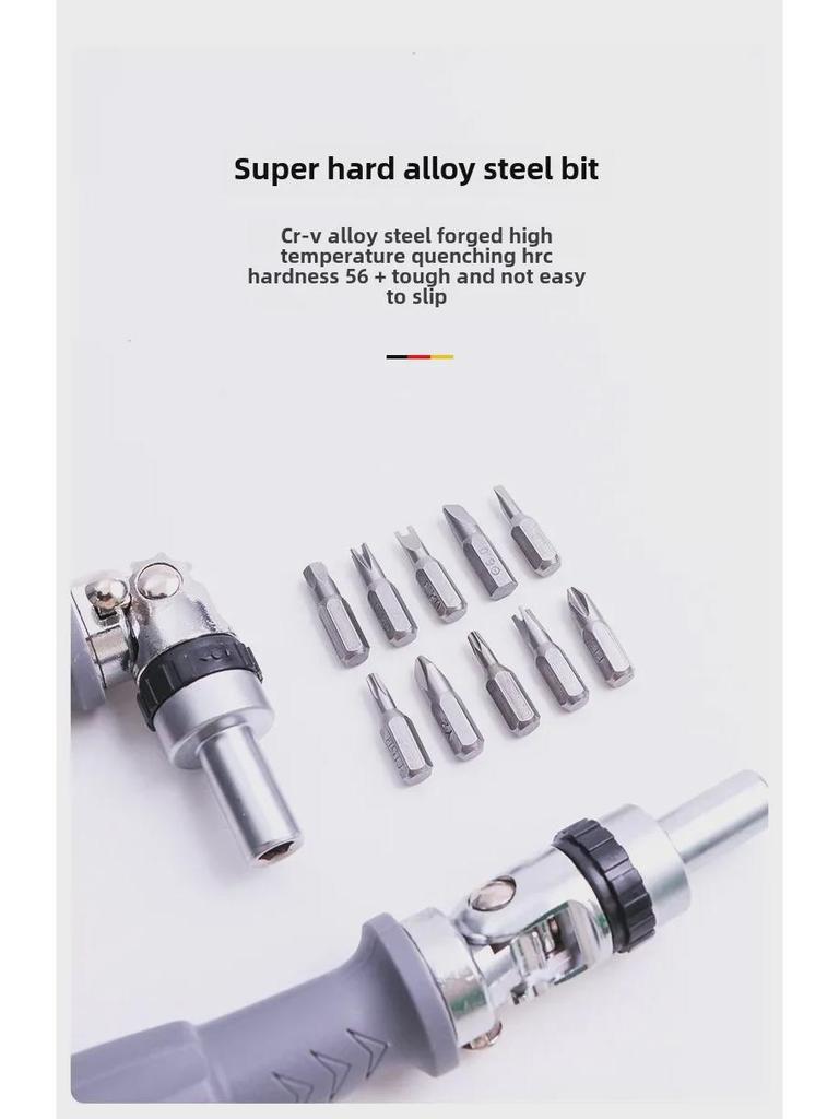 Versatile Multi-Angle Ratchet Screwdriver Set with Cross, Plum, and Hex Bits.