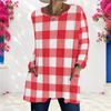 Women Plus Size White Polka Dot Printed Round Neck Long Sleeve Loose Longline T Shirt With Pockets