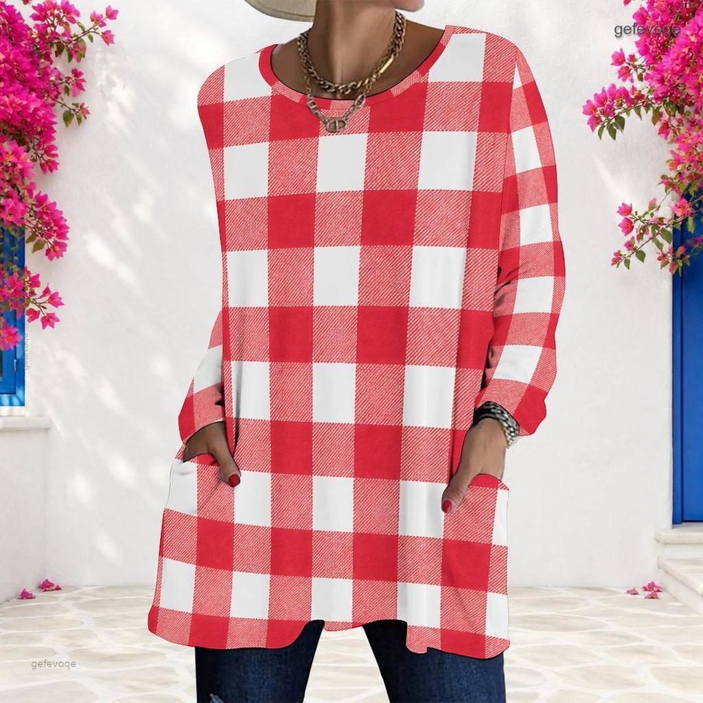Women Plus Size White Polka Dot Printed Round Neck Long Sleeve Loose Longline T Shirt With Pockets