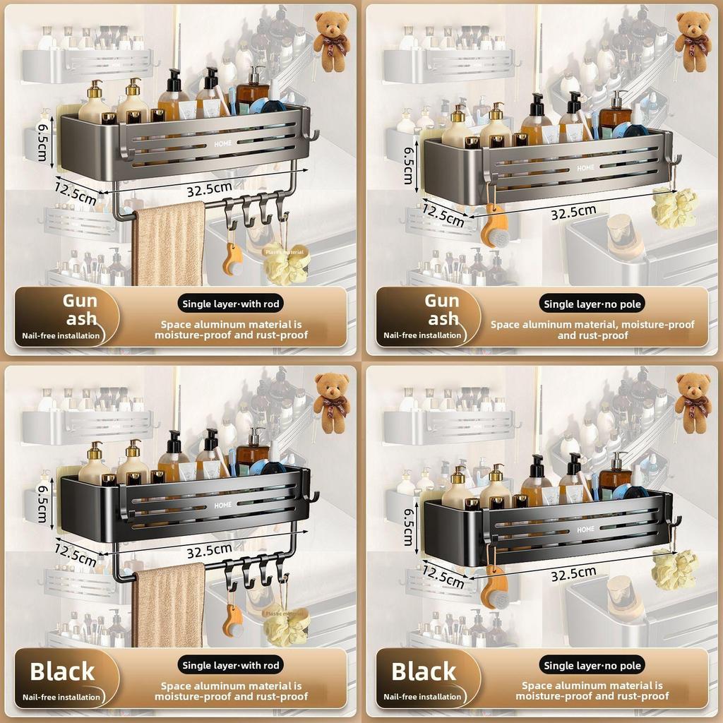 Aluminum Bathroom Storage Rack With Hooks For Shower And Toilet Organizer