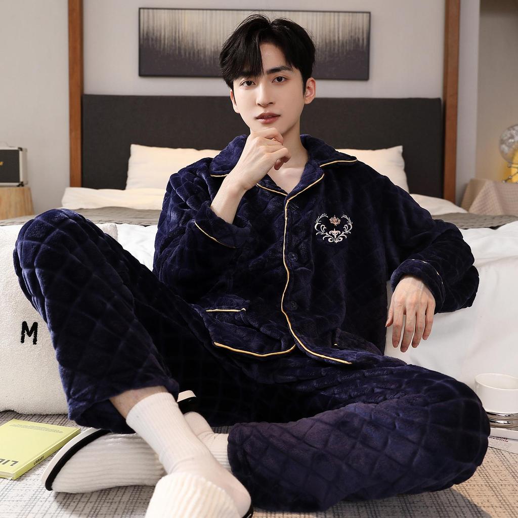 Men's Autumn/Winter Flannel Lapel Pajamas - New Arrival, Plus Velvet, Thickened Coral Fleece Homewear