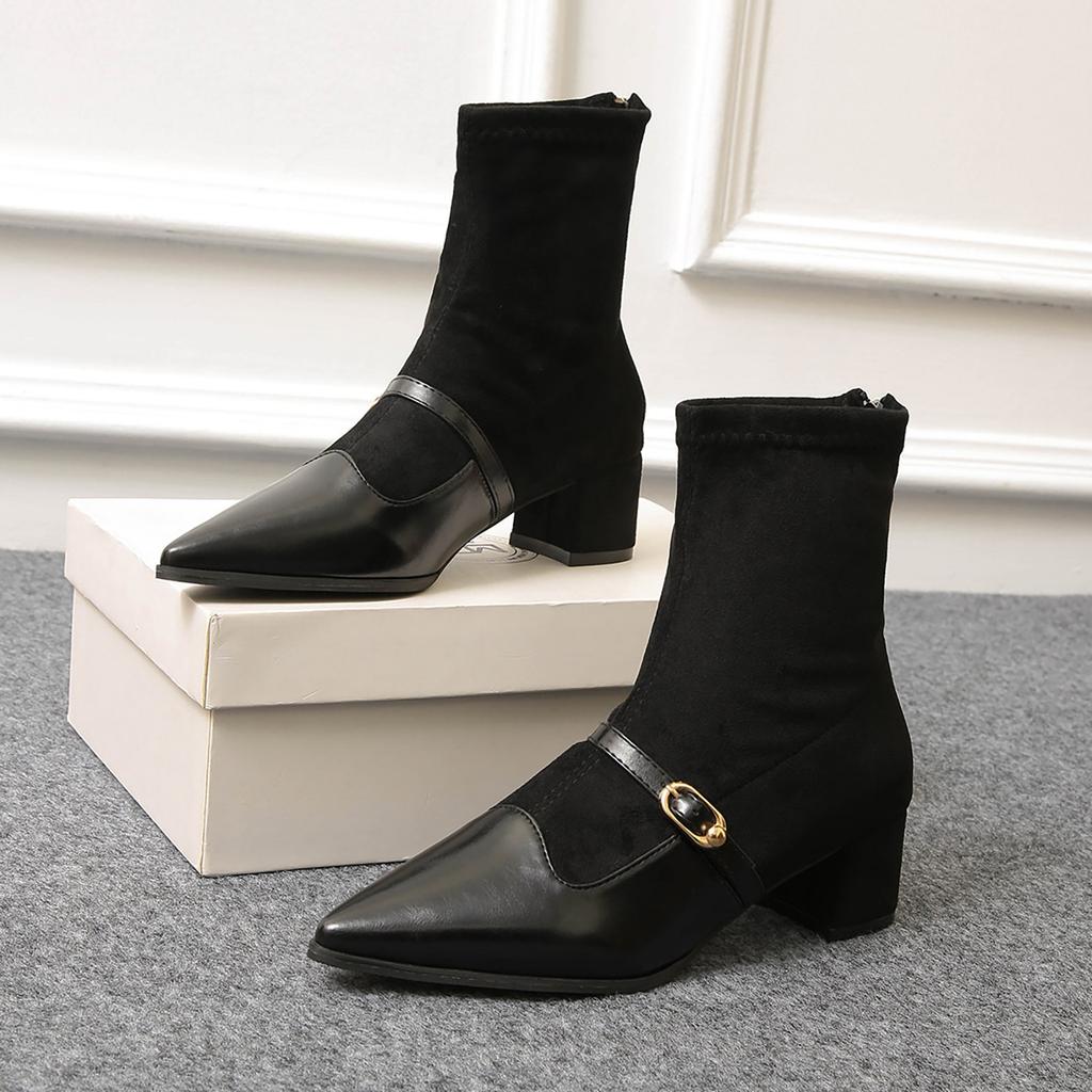 Women's And Winter Pointed Toe Thick Heel One Strap French Retro Solid Color Rear Zipper Ankle Boots Boots for Women Dressy
