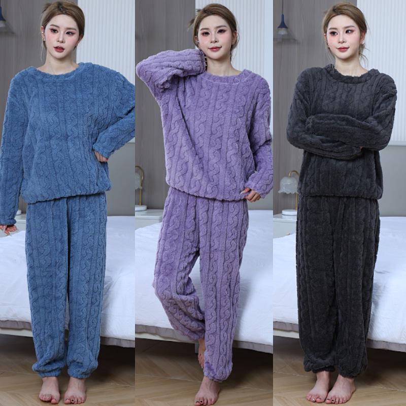Women's Coral Fleece Jacquard Pajama Set - Thick Velvet, Warm Casual Loungewear for Couples, Autumn/Winter 