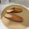 Johnature Retro Splicing Sewing Flat Slippers Round Toe Genuine Leather Soft Sole Solid Color Women's Shoes