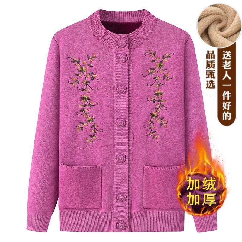 Fleece Knitted Grandma Sweater Cardigan Top Integrated Elderly Clothes Women's Fleece Jacket Middle-aged and Elderly Mother Clothes